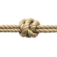 Perfectly formed light beige natural fiber Lark's Head knot with intricate texture, tied on a clean light wooden dowel, against a transparent seamless background, professional studio product