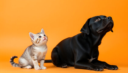 Obraz premium A kitten and a black dog sit on an orange background