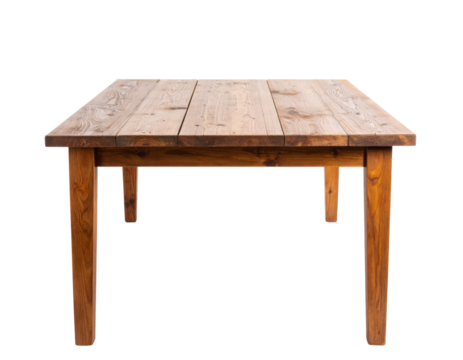 A simple wooden table with a rustic finish and sturdy legs, highlighting its craftsmanship and natural texture.