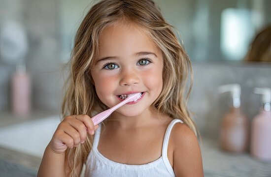 A little girl is brushing her teeth, smiling and looking at the camera, wearing a white tank top.