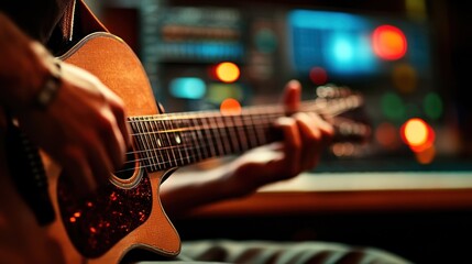 Fototapeta premium Musician playing acoustic guitar in recording studio