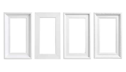 Four elegant white frames of varying shapes and designs, showcasing different styles for displaying artwork or photographs.