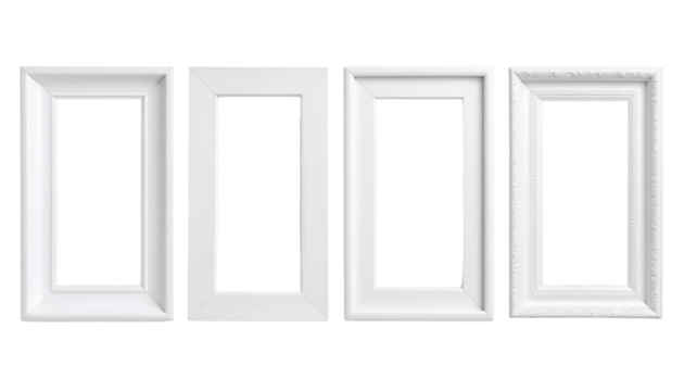 Four elegant white frames of varying shapes and designs, showcasing different styles for displaying artwork or photographs.