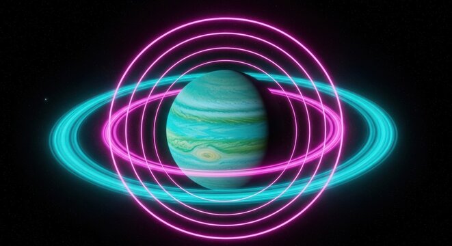 Futuristic jupiter with glowing neon rings and cosmic atmosphere evoking digital art - Powered by Adobe