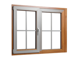 A wooden-framed window with dual panes and a sleek, modern design featuring multiple vertical and horizontal dividers.