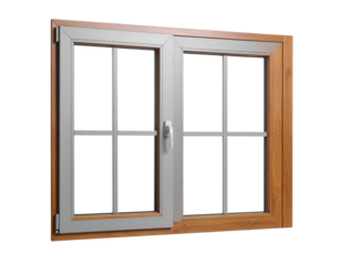 A wooden-framed window with dual panes and a sleek, modern design featuring multiple vertical and horizontal dividers.