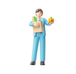 Businessman in blue suit holding paper shopping bag with food and showing pepper vegetable, 3D vector office character
