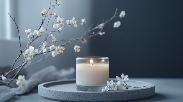 1.Handmade candle crafted from paraffin and soy wax, elegantly placed in a glass jar on a smooth concrete tray, minimalist decor with delicate white dried flowers