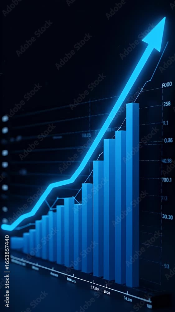 Poster 3d realistic blue growth chart with upward arrow and data points