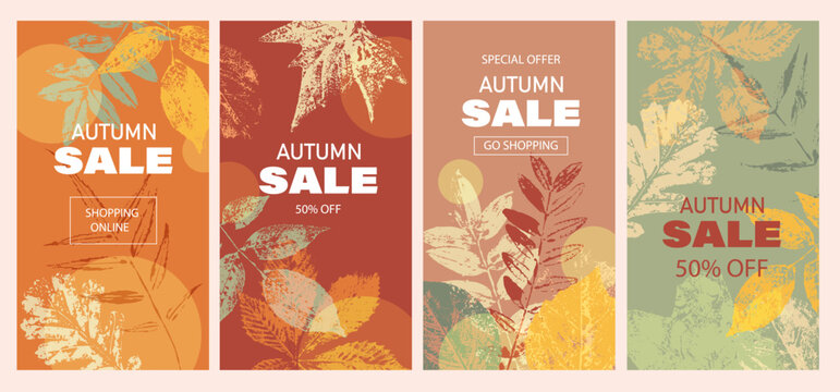 Autumn background, wallpaper, banner, card with tree leaves. Hello Autumn. Fall season design. Stamp texture leaves, geometric shapes.
