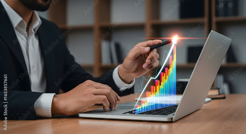 Poster a professional individual analyzing financial data on a laptop computer, using a stylus to interact 