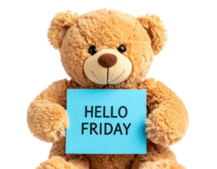 A cute teddy bear holds a blue sign that says "HELLO FRIDAY," radiating a cheerful, welcoming vibe.