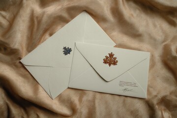 Two cream-colored envelopes, slightly overlapping, featuring embossed, decorative emblems