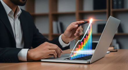 A professional individual analyzing financial data on a laptop computer, using a stylus to interact with the information displayed on the screen, concepts of growth and analytics.