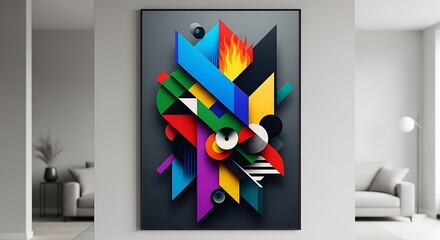 Dynamic Abstract Geometric Art on Wall A Vibrant Blend of Shapes and Colors in Modern Home Decor