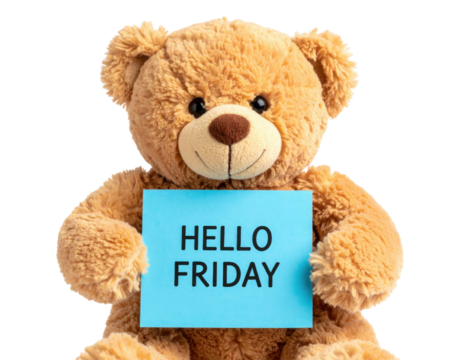 A cute teddy bear holds a blue sign that says "HELLO FRIDAY," radiating a cheerful, welcoming vibe.