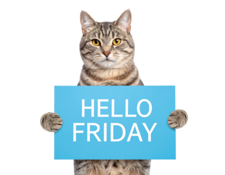 A playful cat holding a blue sign that reads "HELLO FRIDAY," showcasing its engaging personality and charm.