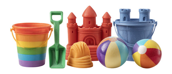 Colorful Beach Toys Including Buckets, Balls, and Sandcastle Mold