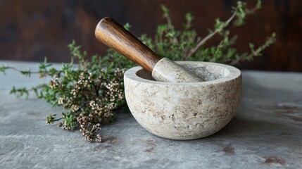 Natural stone mortar and pestle with fresh herbs on a rustic surface