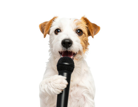 A playful dog holds a microphone, appearing ready to perform or sing.