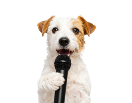 A playful dog holds a microphone, appearing ready to perform or sing.