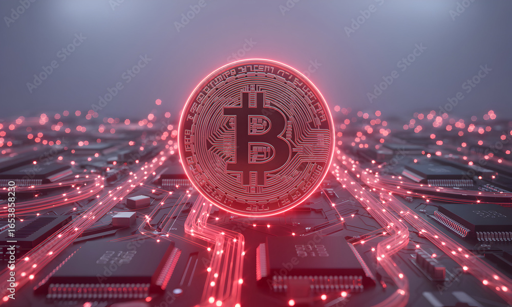 Poster conceptual image of a digital coin illuminated with vibrant light against a backdrop of abstract pat
