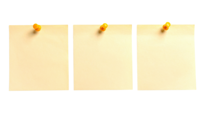 Three blank sticky notes secured with push pins, ready for messages or reminders.