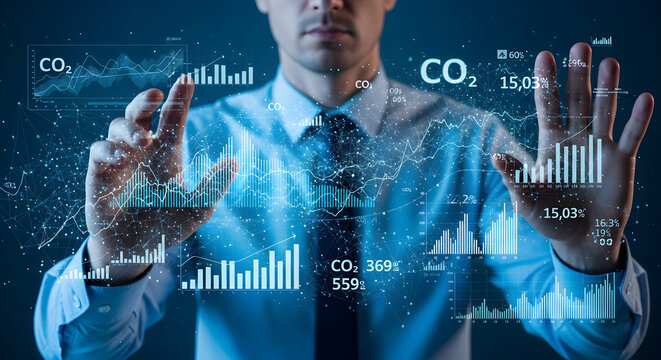 A person interacts with a digital interface, analyzing data visualizations related to complex information on a virtual screen with a futuristic look.