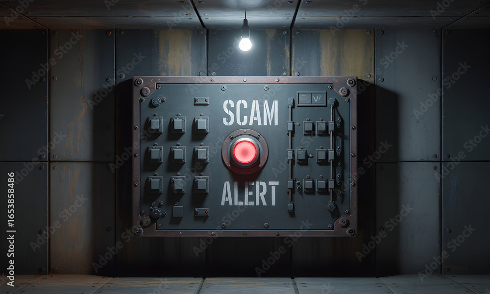 Poster a digitally enhanced image showcasing an illuminated panel with 'scam alert' text and buttons agains