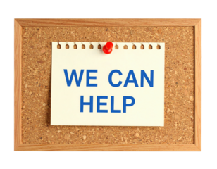 A corkboard displays a white note with bold blue text reading "WE CAN HELP," secured by a red pushpin.