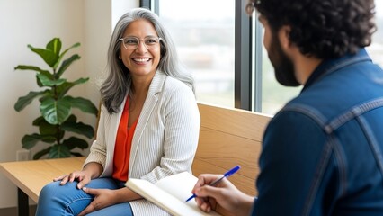 Coworkers having a creative discussion in office lounge area, teamwork collaboration, brainstorming ideas, and business communication in modern workplace
