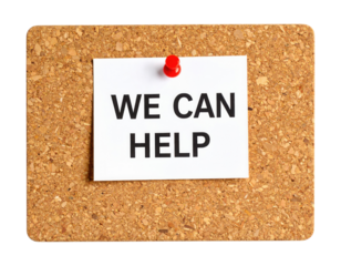 A note pinned to a corkboard displaying the message "WE CAN HELP" in bold black letters.