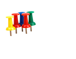 A set of colorful push pins in various hues, commonly used for fastening papers or notes to surfaces.