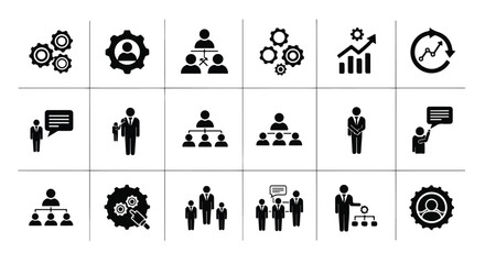 Flat lay of diverse business team icons;  presenting organizational chart;  monochrome;  against a white background; conveying a professional and structured mood.