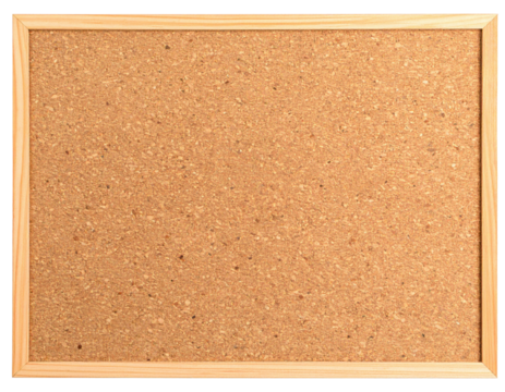 A framed corkboard surface suitable for pinning notes, reminders, or artwork.