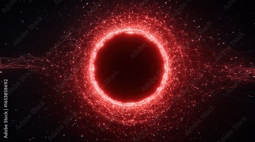 Poster a red circle with a black hole in the middle. the circle is surrounded by a red and black pattern