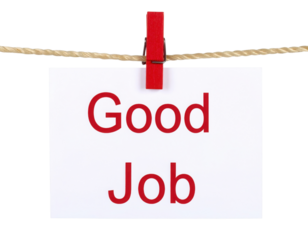 A card with the words "Good Job" printed in red, clipped to a string with a red clothespin.
