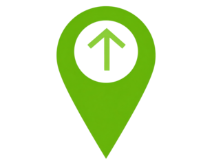 A green location marker with an upward arrow symbol, commonly used in navigation and mapping applications.