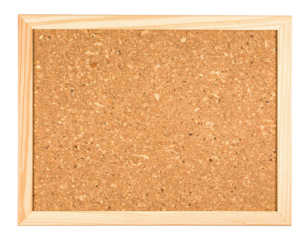 A rectangular cork board framed in wood, featuring a textured surface ideal for pinning notes or images.