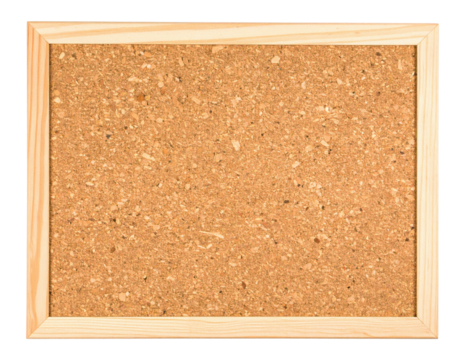 A rectangular cork board framed in wood, featuring a textured surface ideal for pinning notes or images.