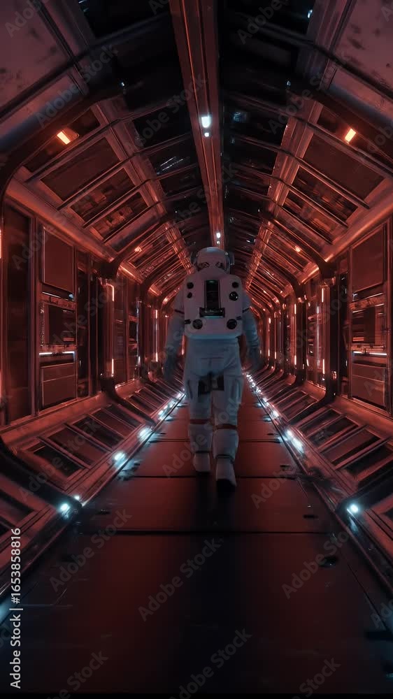 Poster 3d render astronaut walking through illuminated sci-fi spaceship corridor