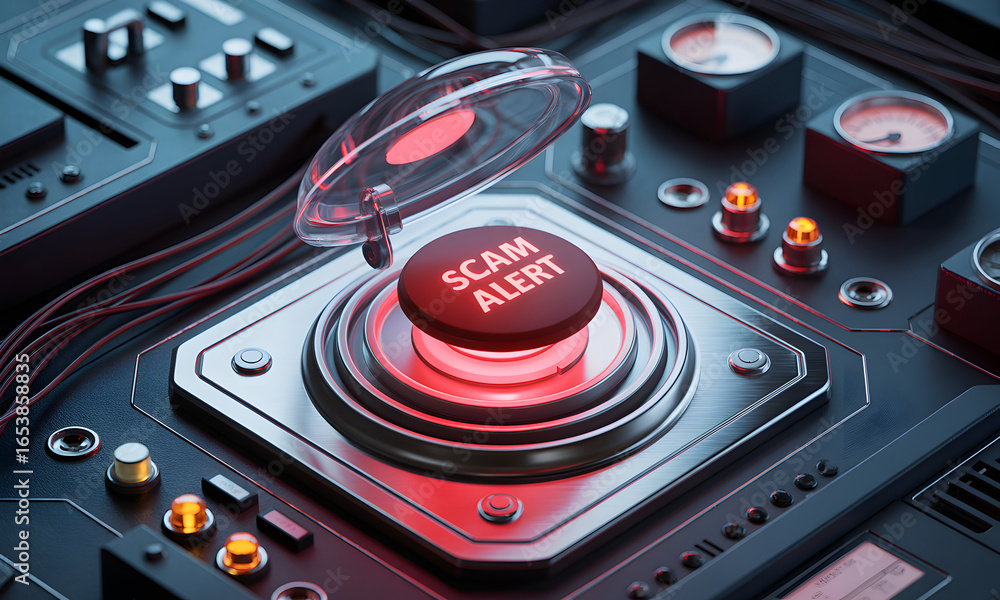 Aufkleber close-up of a red alert button labeled 