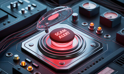 Close-up of a red alert button labeled "SCAM ALERT" on a high-tech circuit board, emphasizing digital safety, fraud awareness, and cyber security measures.