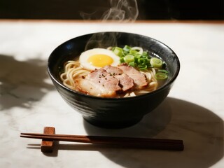 A bowl of steaming ramen with a soft - boiled egg, meat slices and scallions, rich soup and chewy noodles, looking very delicious.