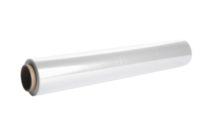 A roll of plastic wrap, commonly used for food storage and preservation, displayed horizontally.