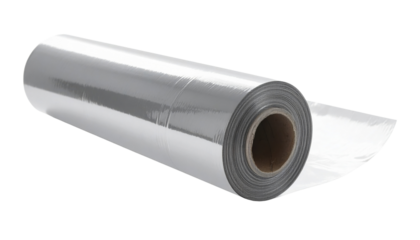 A roll of shiny, reflective aluminum foil with a portion unrolled, showcasing its smooth, metallic surface.