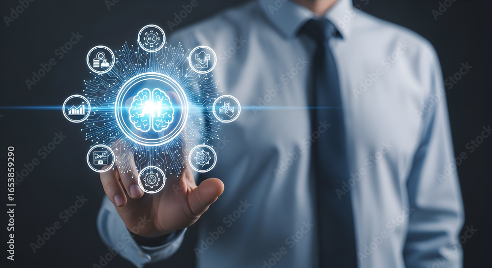 Poster person in a business suit interacting with a holographic projection of interconnected icons represen
