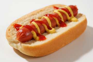 Delicious golden hot dog with red sausage topped with yellow mustard and ketchup in wavy pattern on white background, fast food concept.