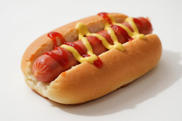 Delicious golden hot dog with red sausage topped with yellow mustard and ketchup in wavy pattern on white background, fast food concept.
