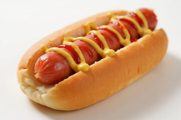 Delicious golden hot dog with red sausage topped with yellow mustard and ketchup in wavy pattern on white background, fast food concept.
